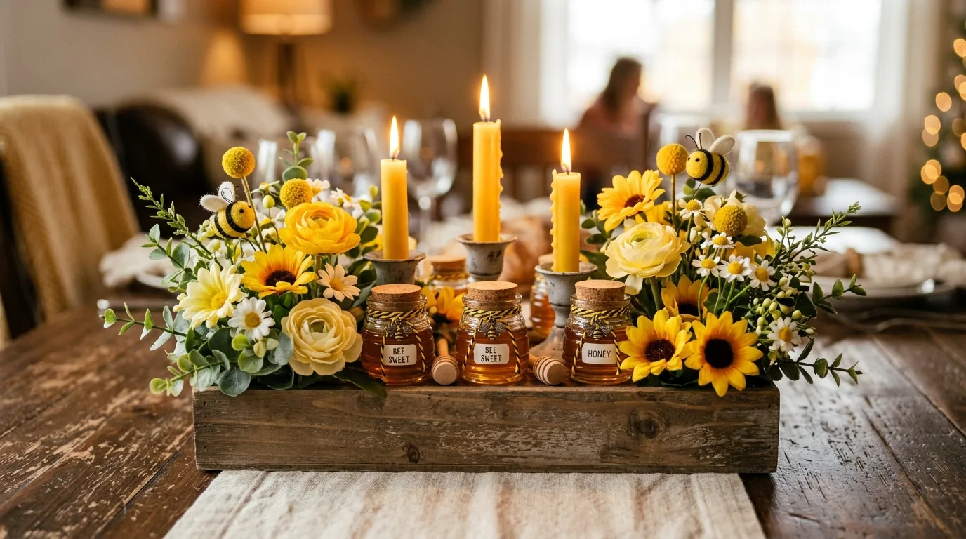 Bumblebee table centerpiece made from mini honey pots, candles, and faux flowers in yellow tones