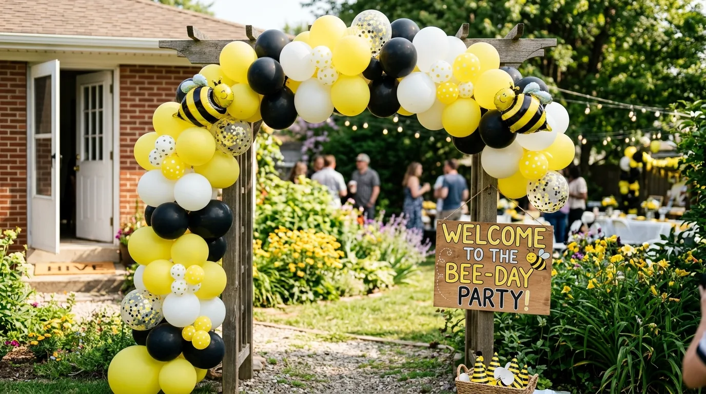 DIY bumblebee balloon garland with alternating yellow, black, and white balloons around a party entrance