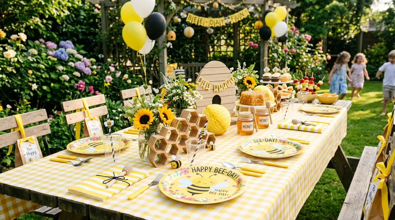 Kids party table decorated with bee plates, striped napkins, and honeycomb crafts