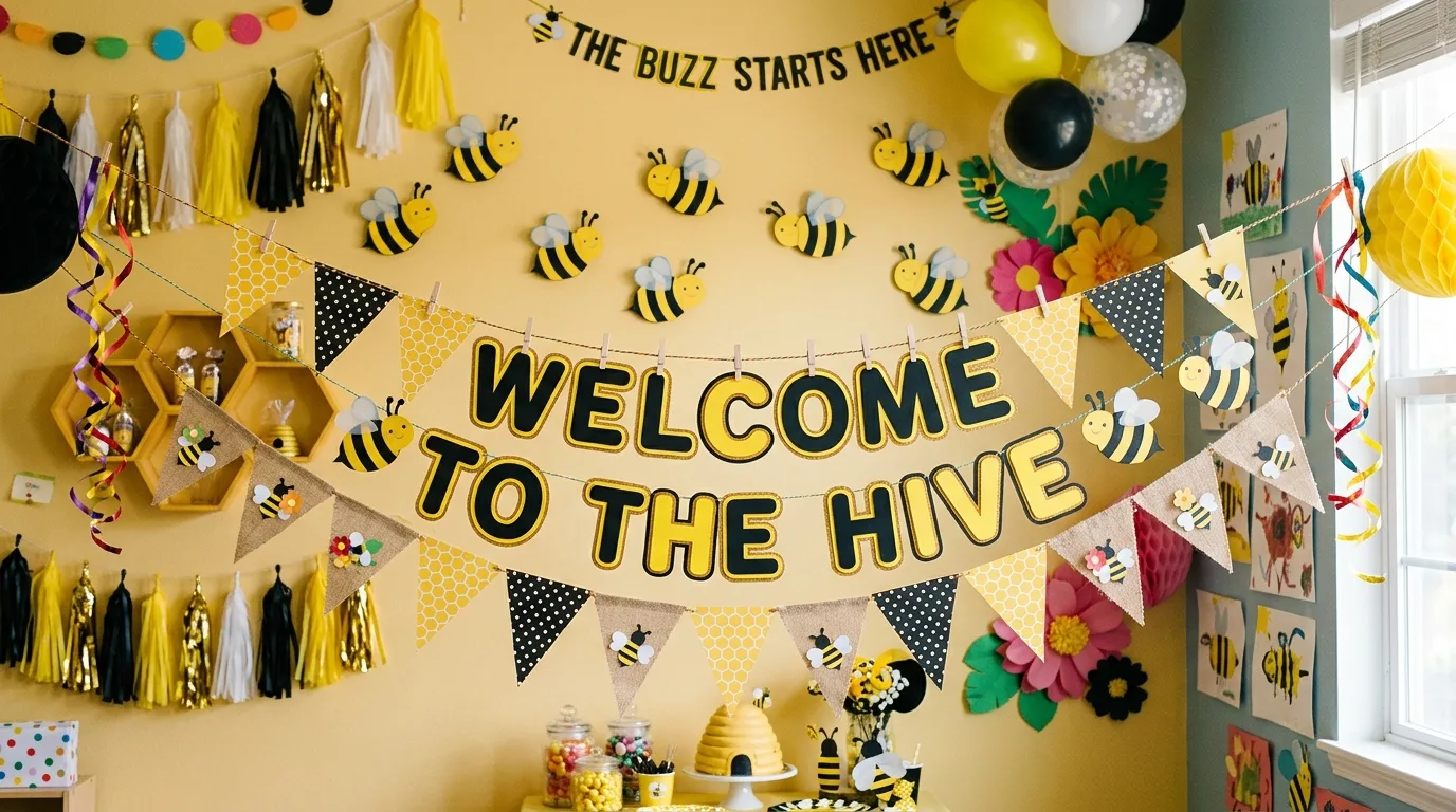 DIY bumblebee wall banner with paper bees and Welcome to the Hive lettering