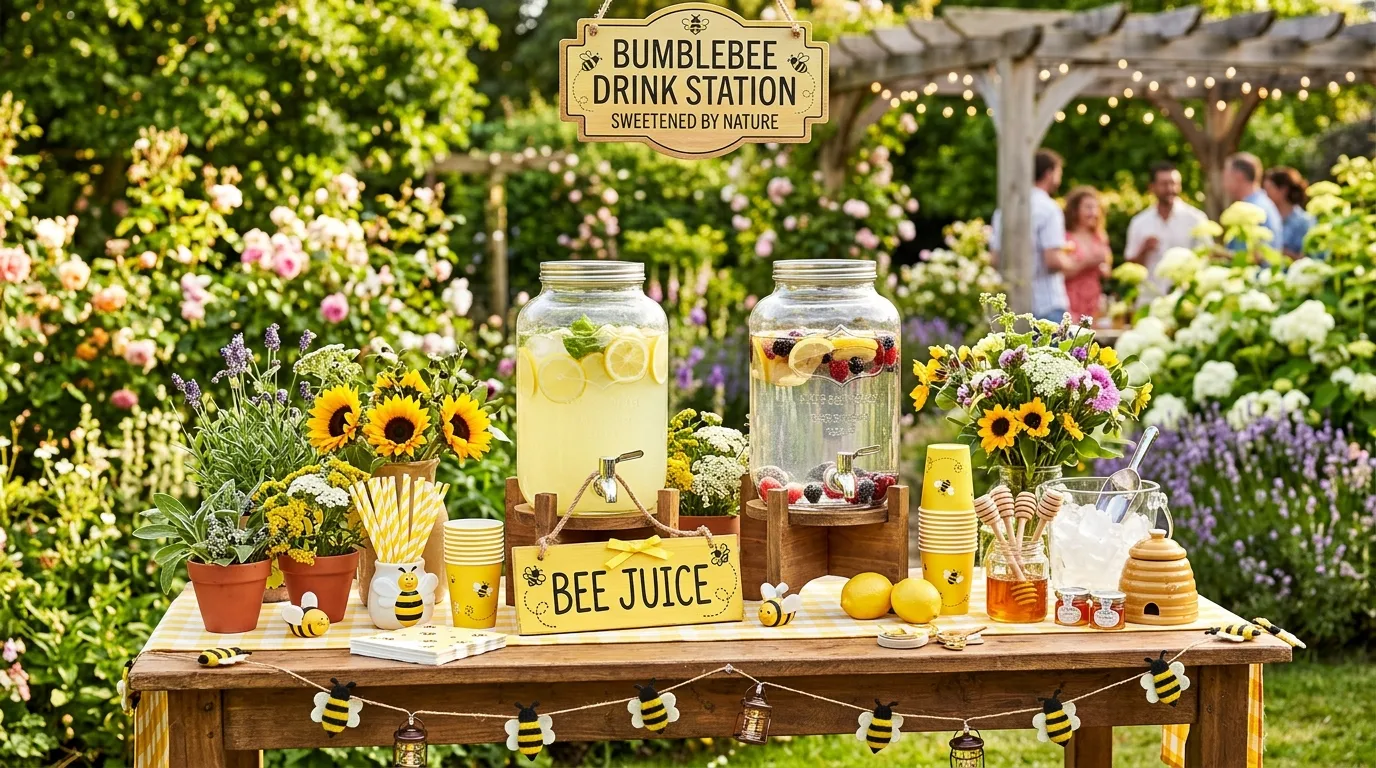 Bumblebee drink station with lemonade jars labeled Bee Juice, honey decor, and yellow accents