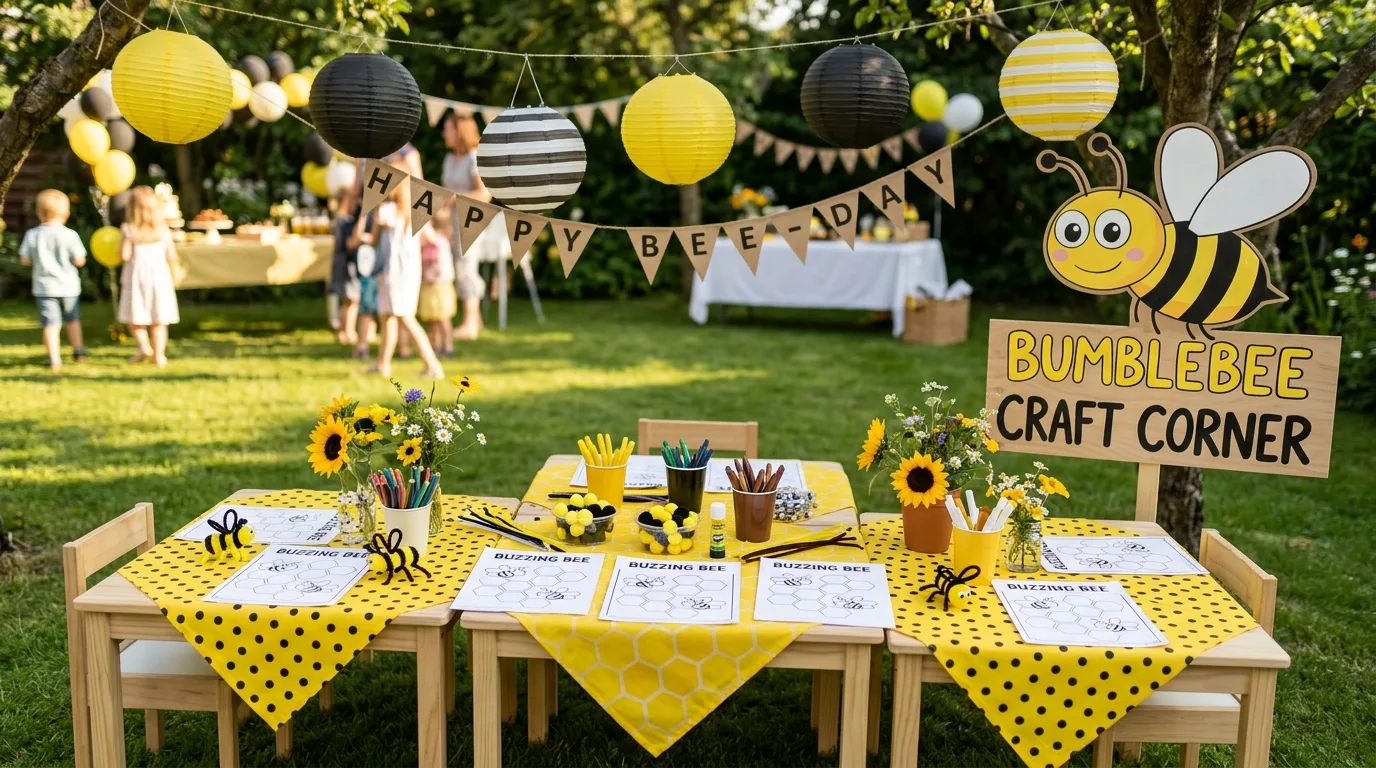 DIY bumblebee craft corner with small tables, honeycomb coloring sheets, and bee decorations