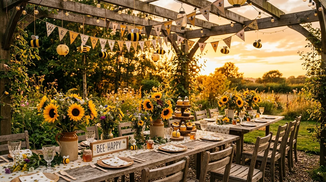 Rustic outdoor bumblebee party with wooden tables, sunflower arrangements, and hanging bee decorations