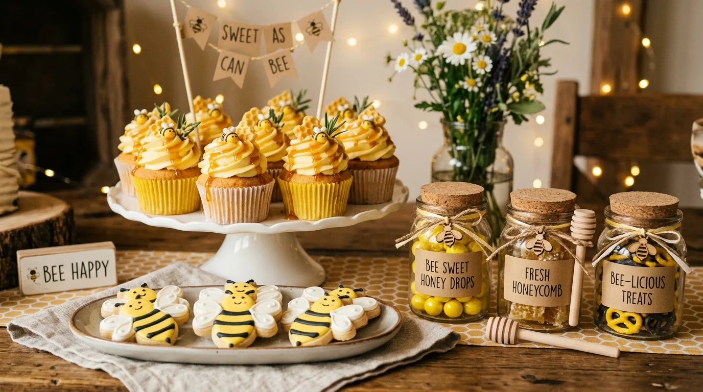 Sweet table featuring bee shaped cookies, cupcakes with honey drizzle, and themed jars