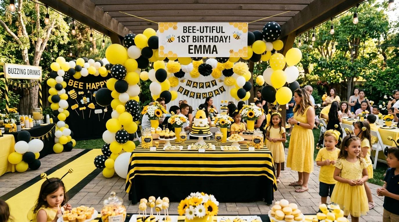 Full bumblebee party scene with coordinated yellow black decor, balloons, banners, and dessert tables