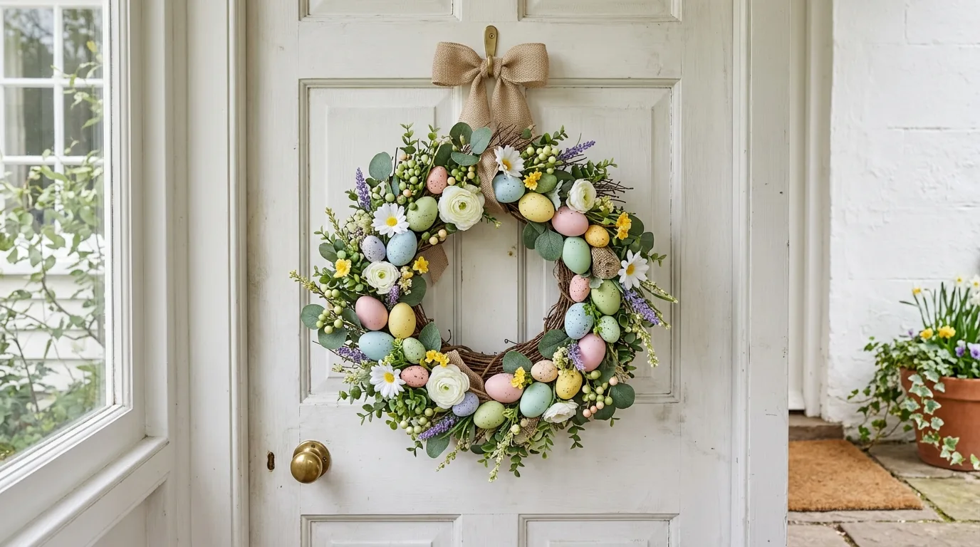 DIY Easter wreath made of pastel eggs, flowers, and greenery