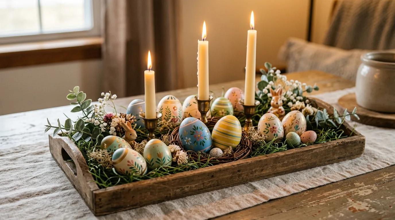 Handmade Easter centerpiece with painted eggs, candles, and faux grass on a wooden tray
