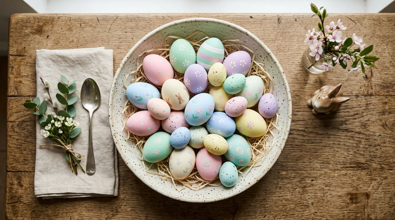 DIY painted Easter eggs in pastel colors displayed in a ceramic bowl