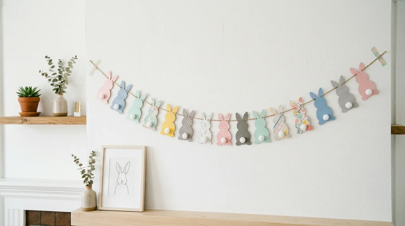 DIY bunny garland made of paper cutouts hanging across a wall