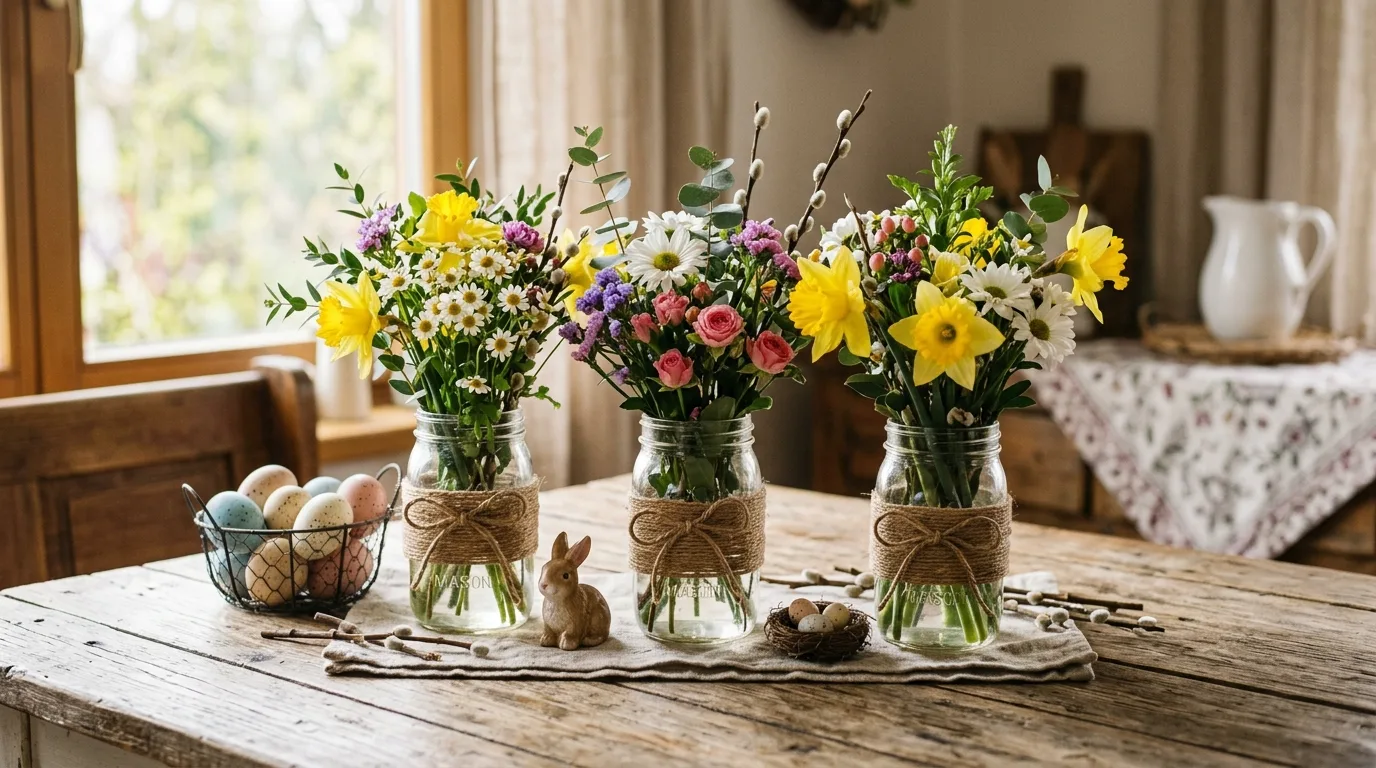 Rustic Easter mason jar decor with flowers and twine