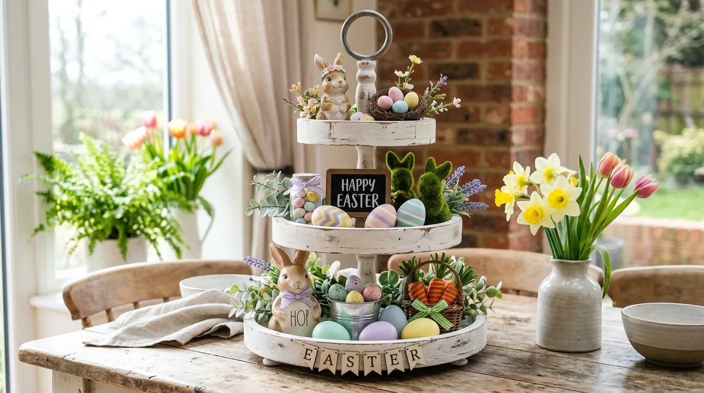 DIY Easter tiered tray with mini bunnies, eggs, and pastel accents