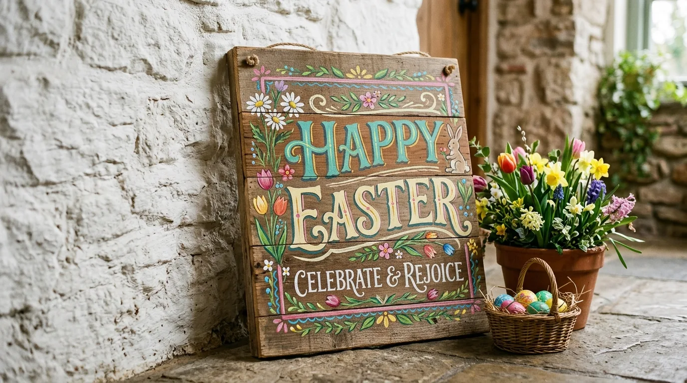 Handmade Easter sign with painted lettering and floral accents