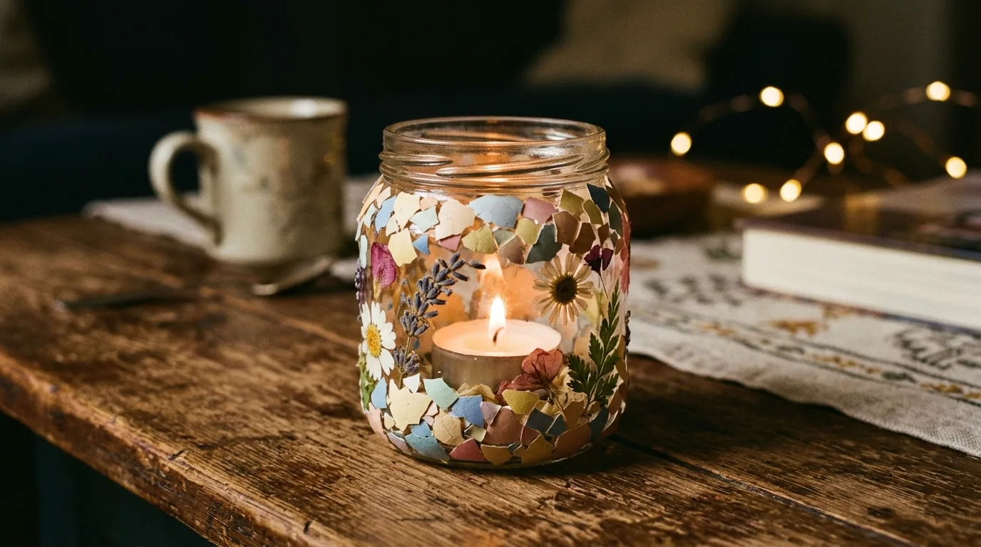 DIY Easter candle holder decorated with eggshells and small flowers