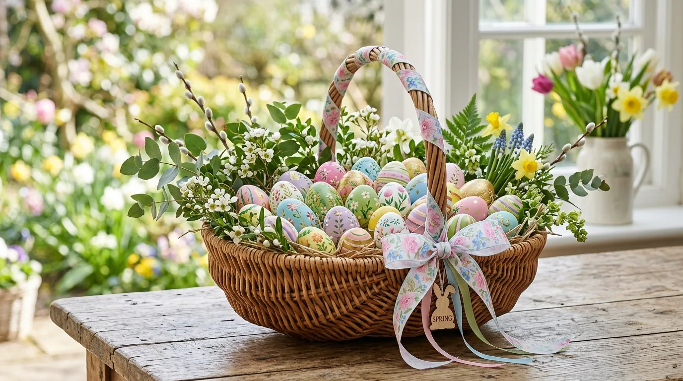 Spring basket filled with decorated eggs, greenery, and ribbons