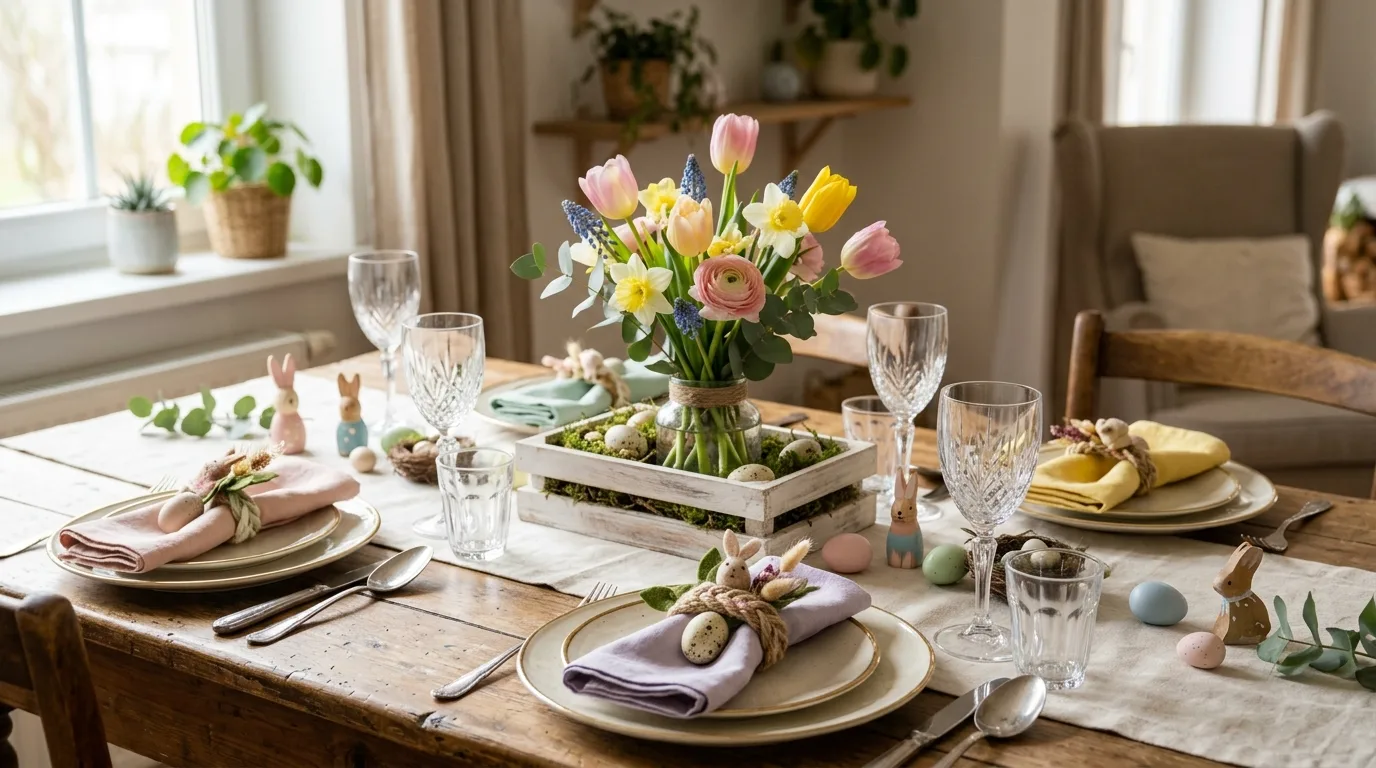 DIY Easter table setting with handmade napkin rings and pastel decor