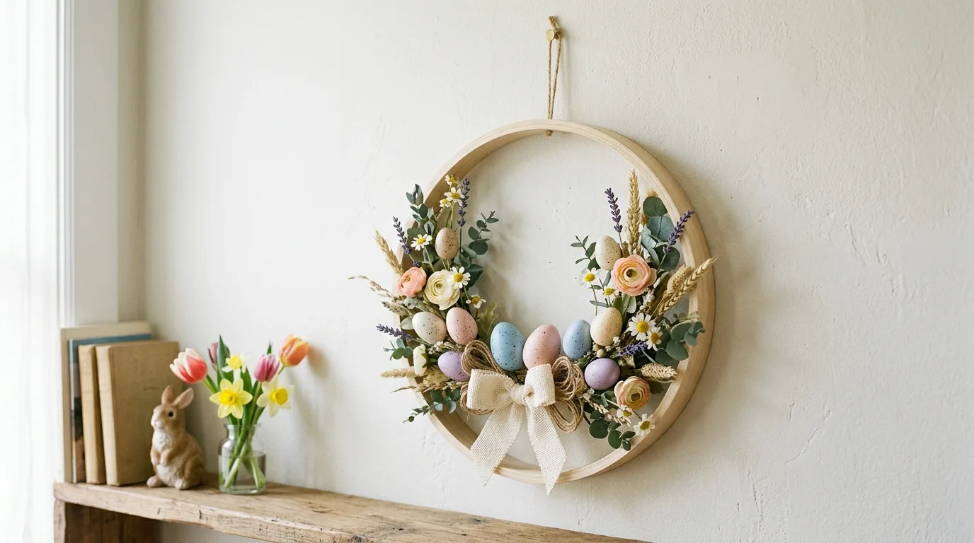 Handcrafted Easter wall decor with wood frame, eggs, and floral accents