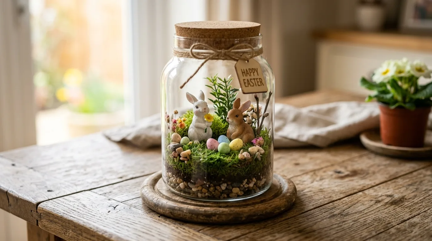 DIY Easter terrarium with faux grass, mini eggs, and bunny figurines