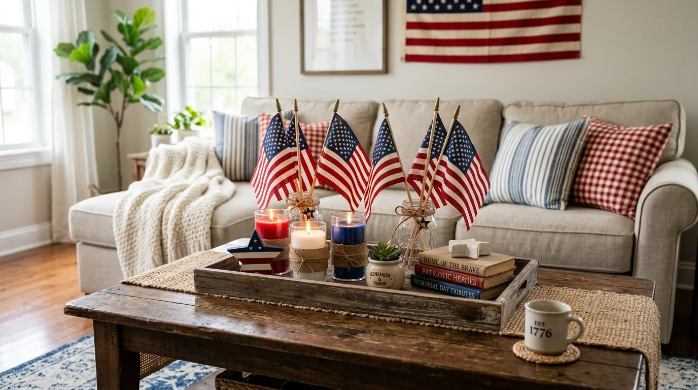 DIY Memorial Day living room decor with patriotic candles and small flags on a coffee table
