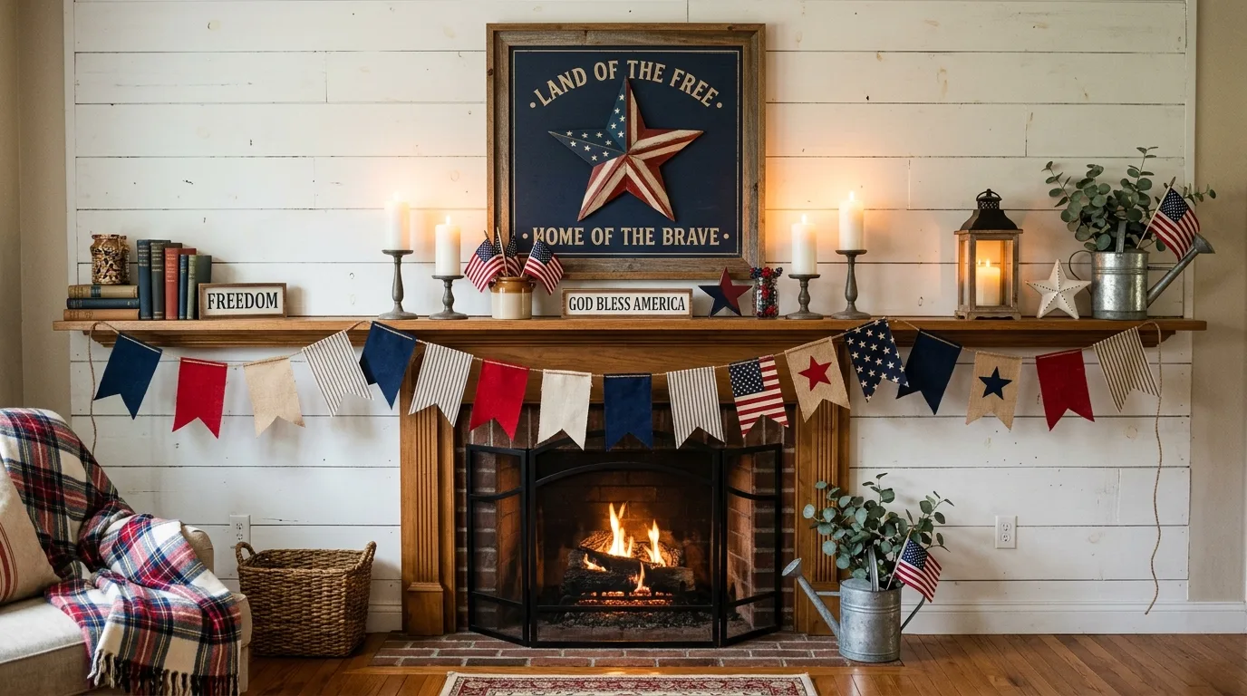 Patriotic mantel decor with flag garland, candles, and framed star artwork