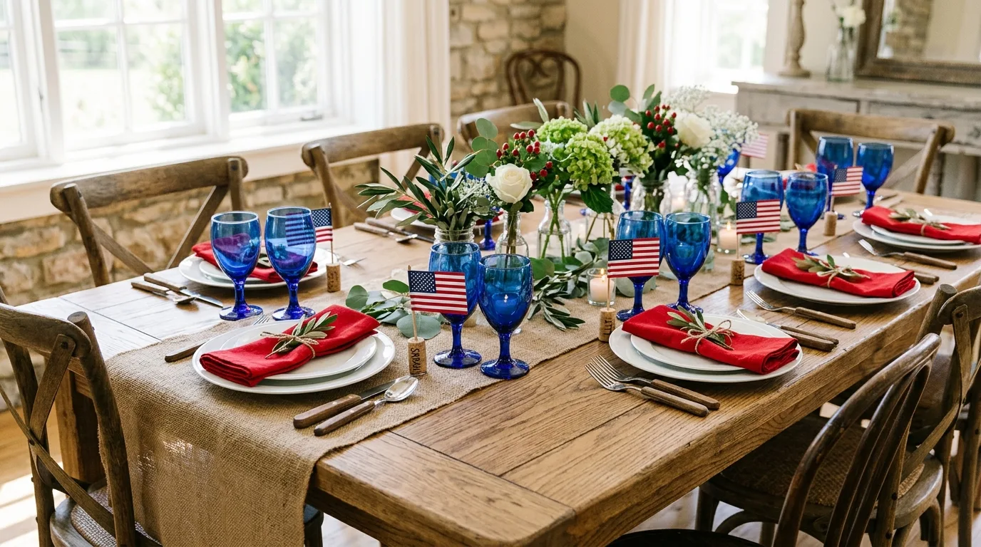Dining table with patriotic place settings, burlap runner, and small flags