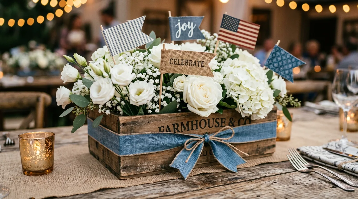 Rustic Memorial Day centerpiece with wooden crate, white flowers, and mini flags
