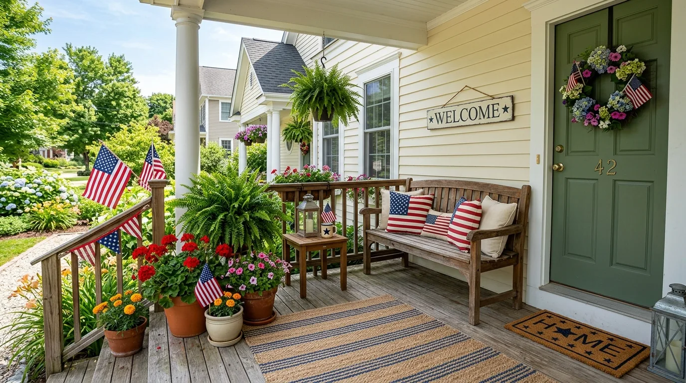 Front porch with patriotic cushions, potted plants, and small flags