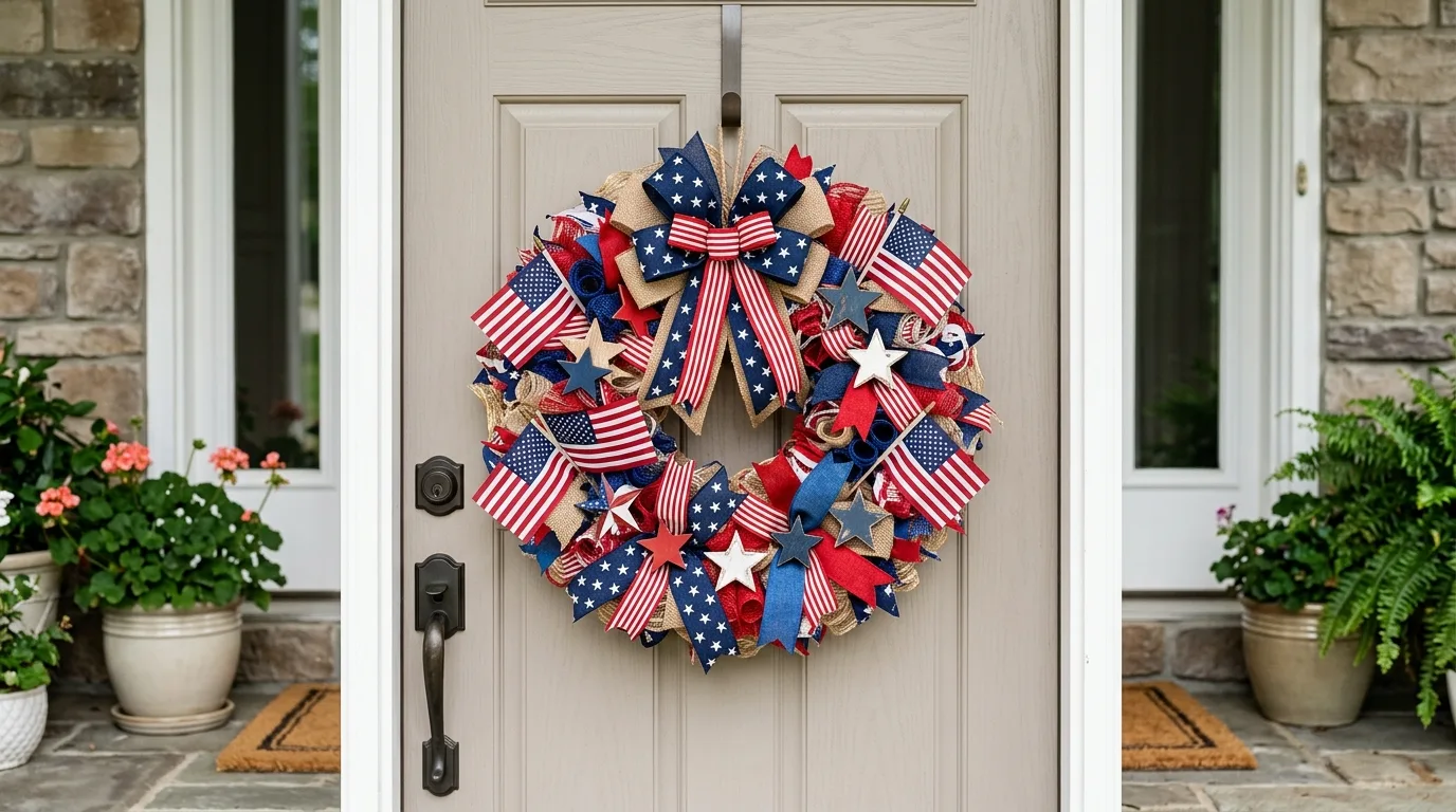 DIY Memorial Day wreath made with patriotic ribbons, stars, and small flags