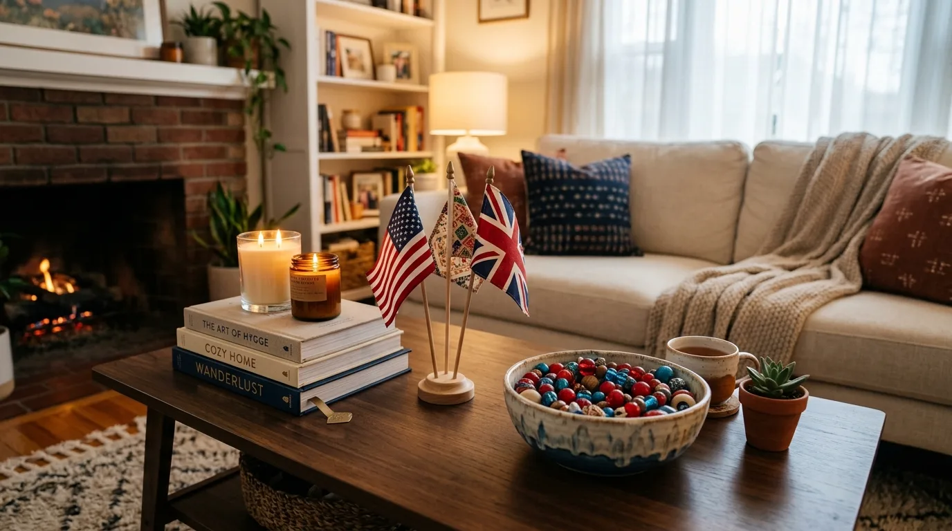 Coffee table decor with books, candles, flags, and red blue decorative beads