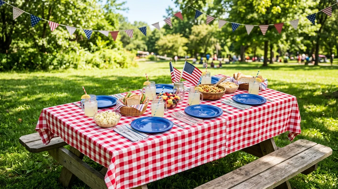 Outdoor picnic table with checkered cloth, blue plates, mason jars, and flags