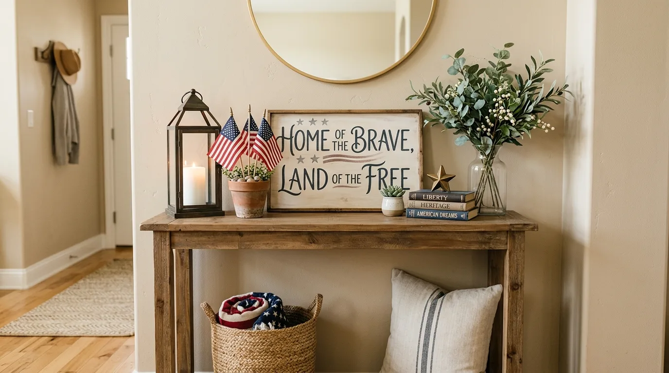 Entryway table with patriotic sign, lantern, flags, and greenery