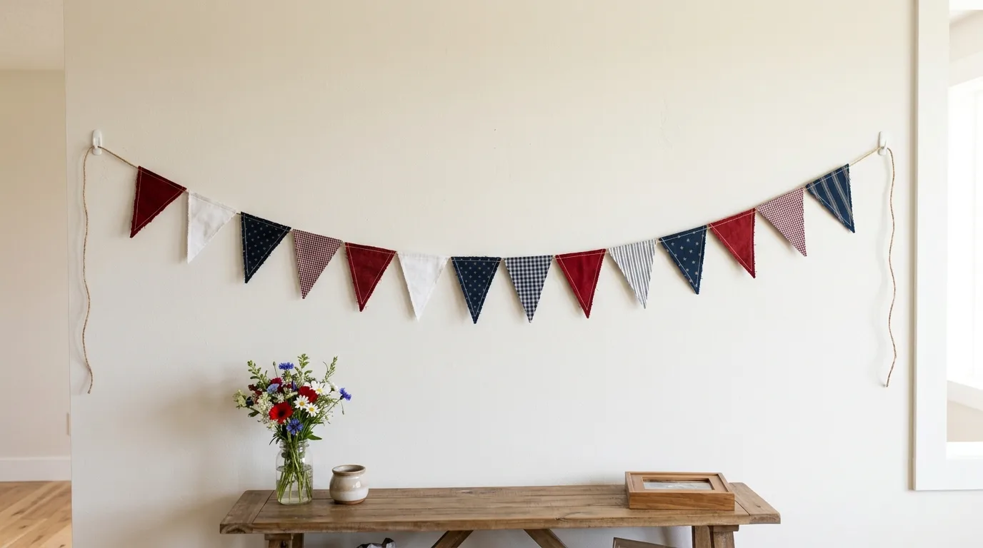 DIY red white and blue triangle banner hanging across a wall