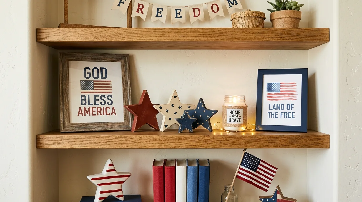 Shelf decor with patriotic stars, candles, and framed prints