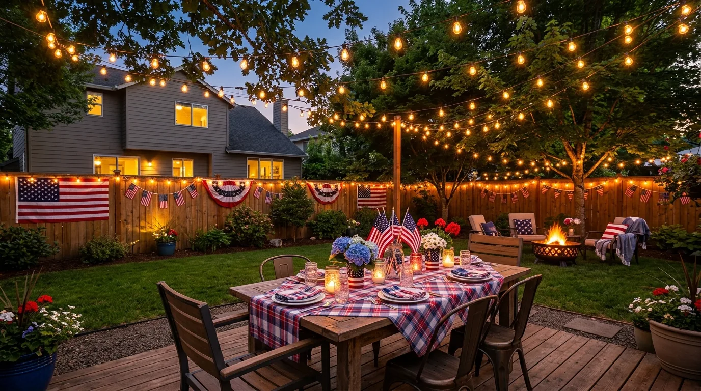 Backyard Memorial Day decor with string lights, flags, and patriotic table styling