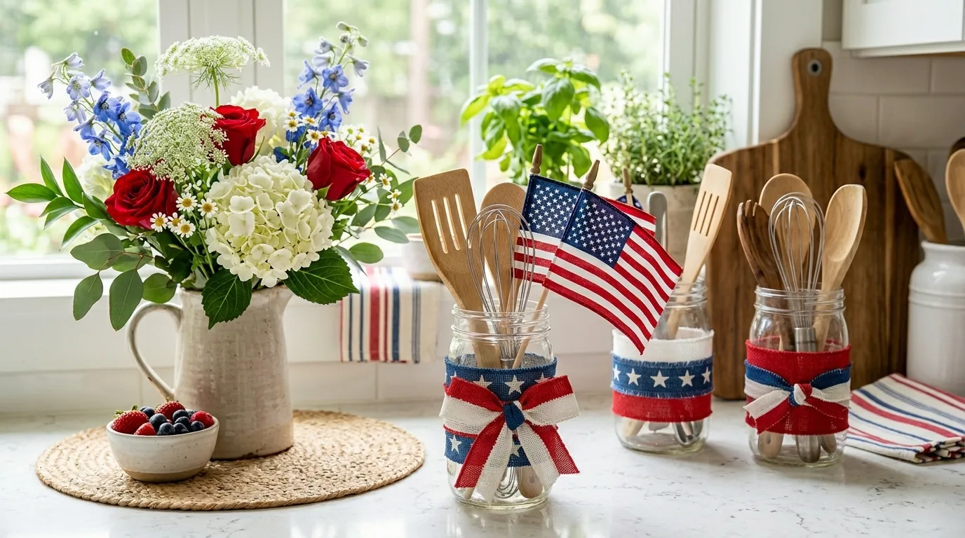 Kitchen counter decor with patriotic jars, flowers, and flag accents