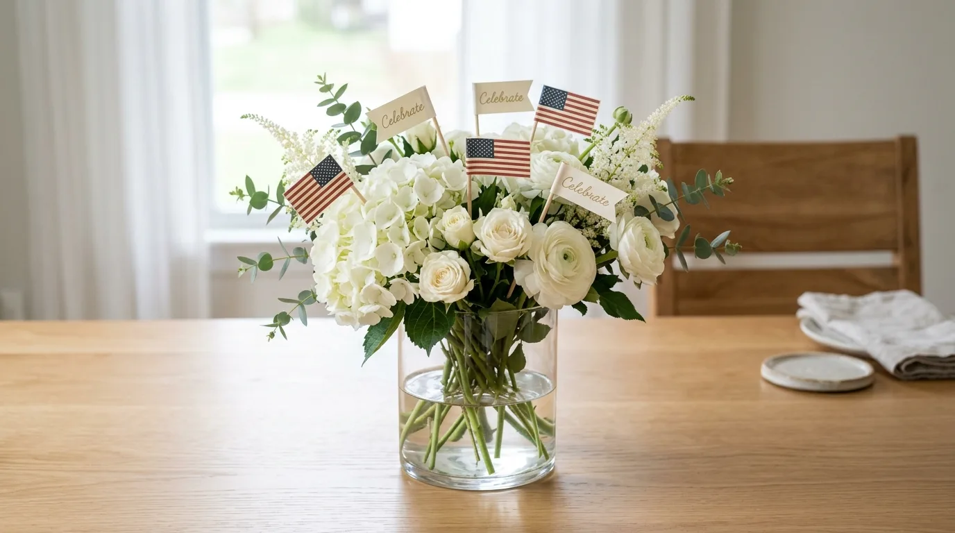 Simple Memorial Day centerpiece with white flowers and mini flags in glass vase