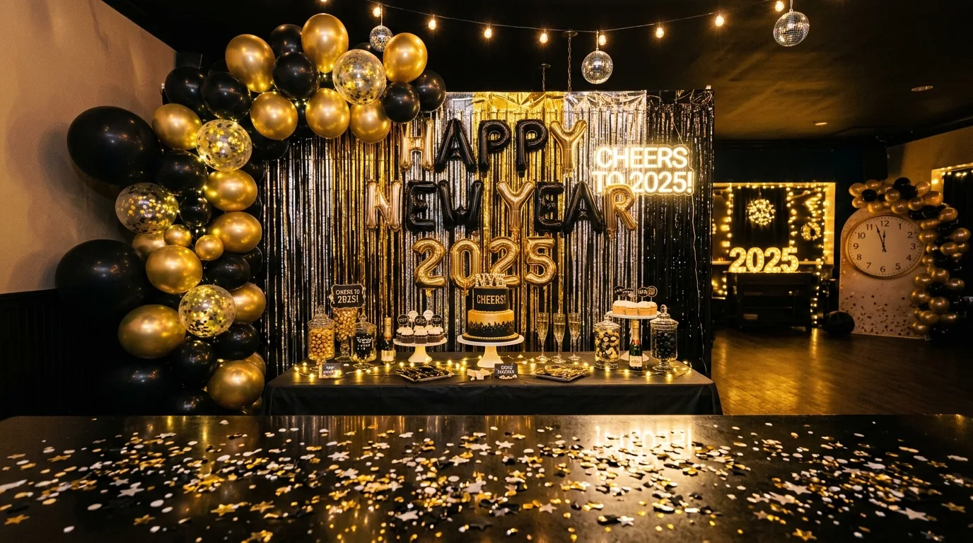 DIY New Year's Eve party setup with black and gold balloons and streamers