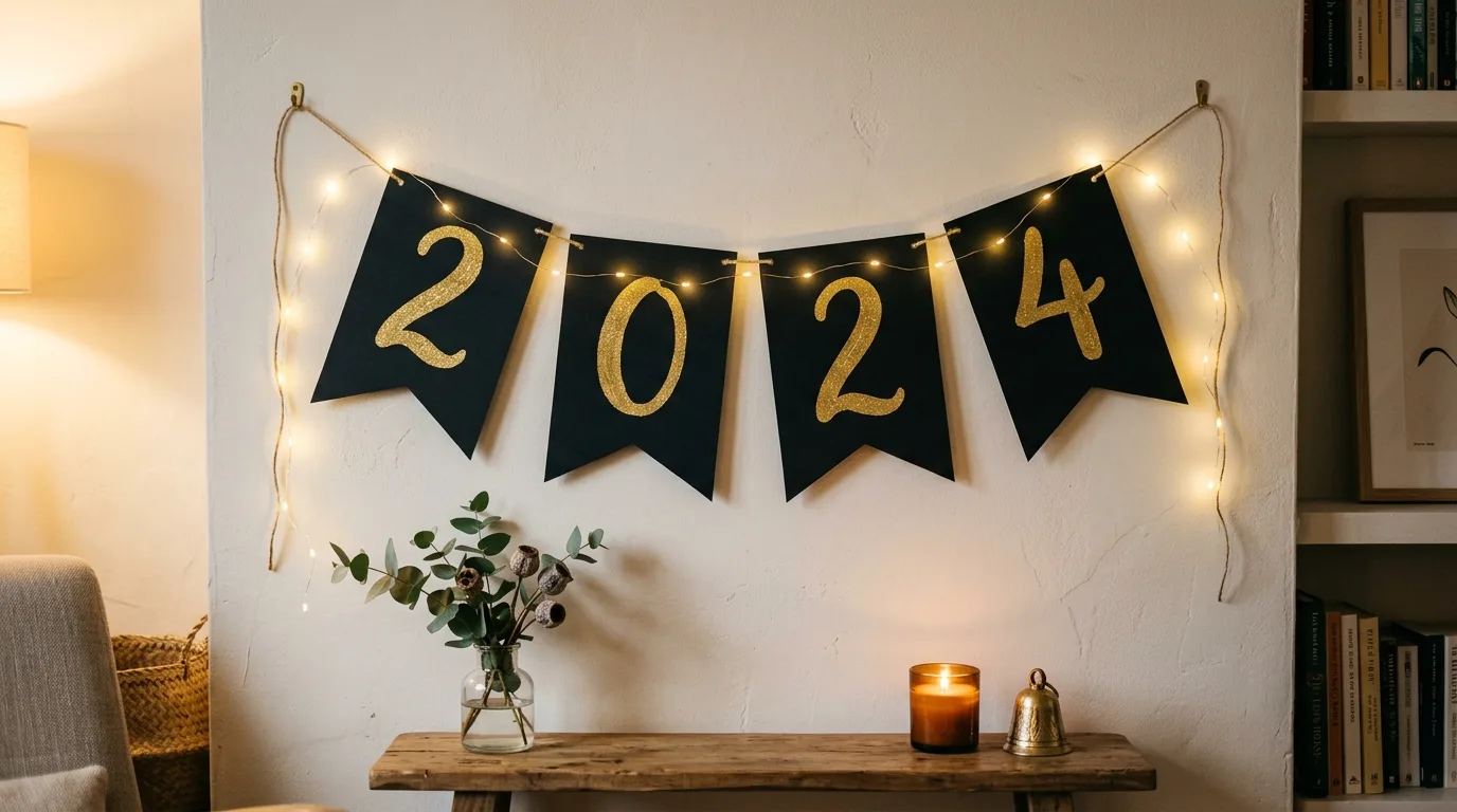 Handmade countdown banner with gold numbers on black cardstock and fairy lights