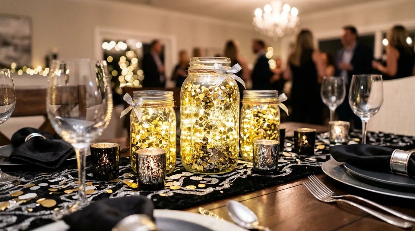 DIY table centerpiece with glass jars, gold confetti, and LED string lights