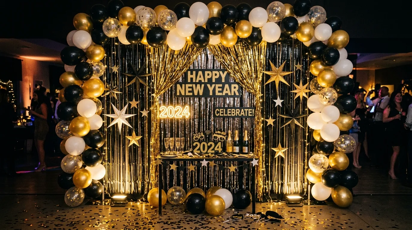 New Year's Eve party backdrop with foil curtains, paper stars, and balloons