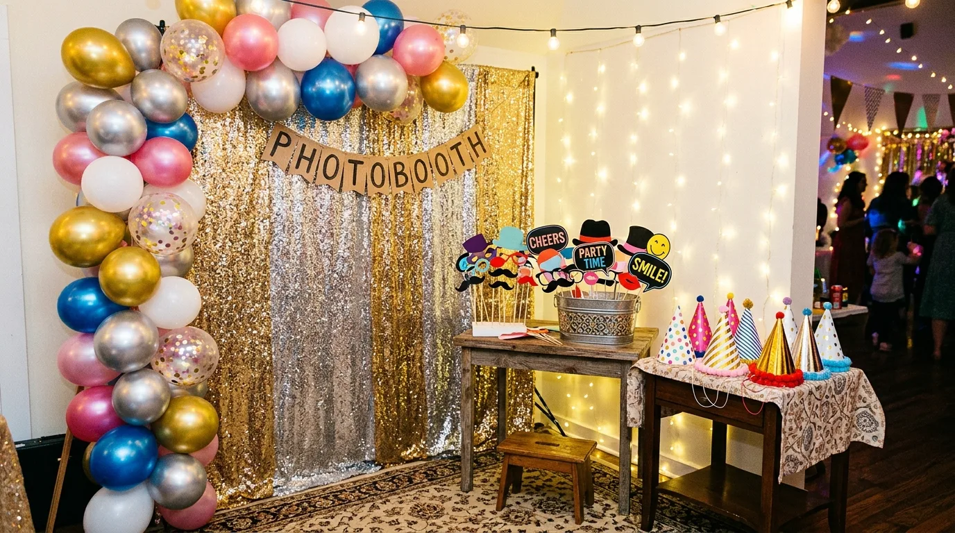 DIY photo booth corner with glitter backdrop, props, and party hats