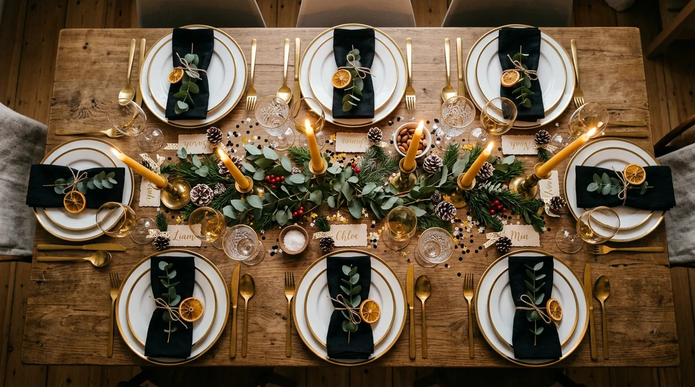 Festive dining table with DIY place cards, black napkins, and gold-rimmed plates