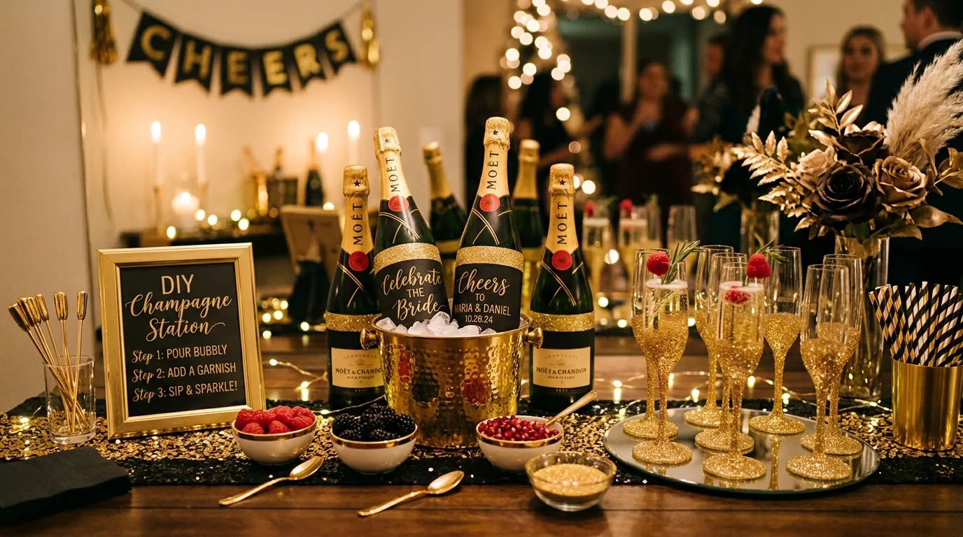 DIY champagne station with decorated bottles and glitter-dipped glasses