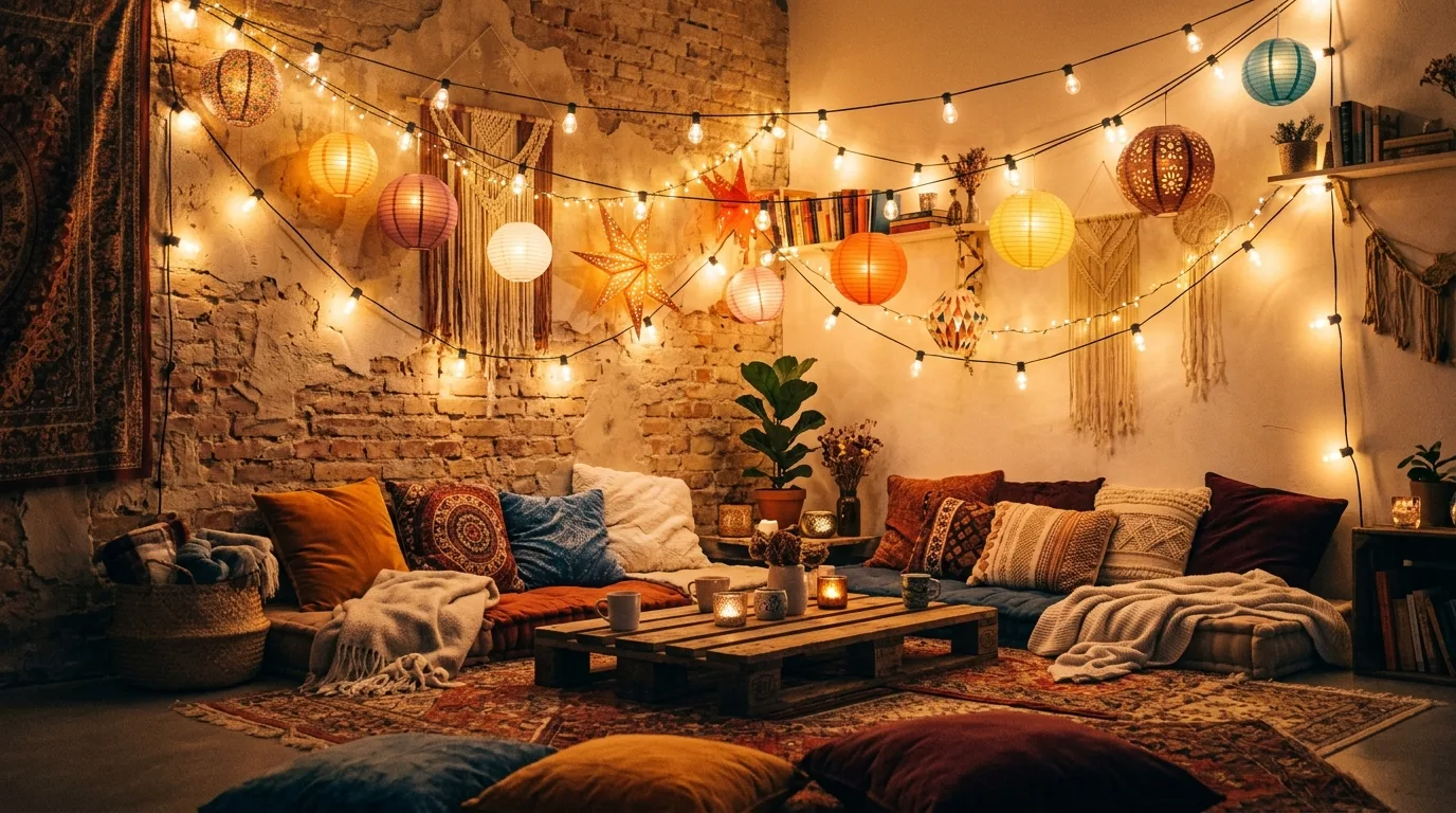 Cozy indoor New Year's Eve party corner with paper lanterns and floor seating