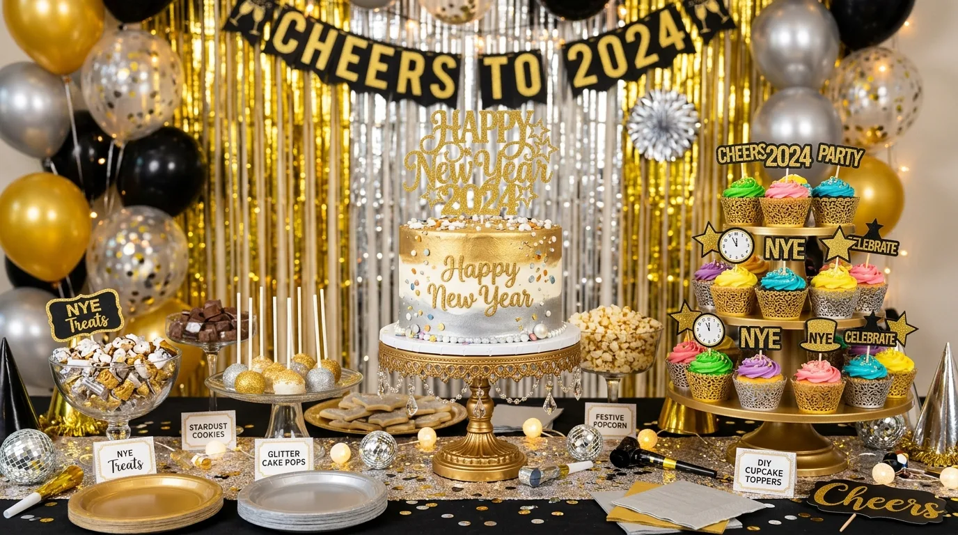 Dessert table with DIY cupcake toppers, cake signage, and festive metallic accents