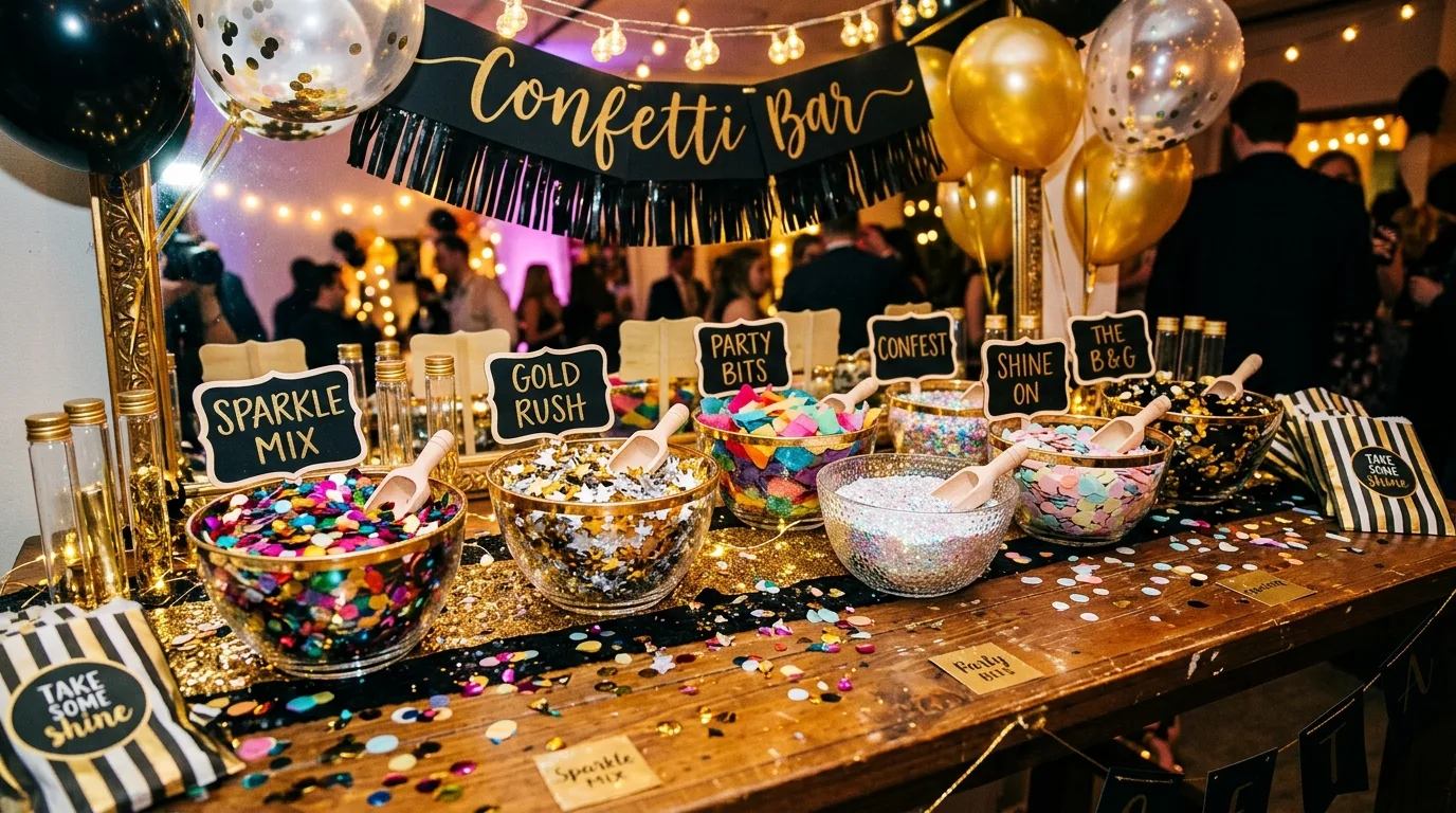 DIY confetti bar with bowls of colorful confetti and decorative containers