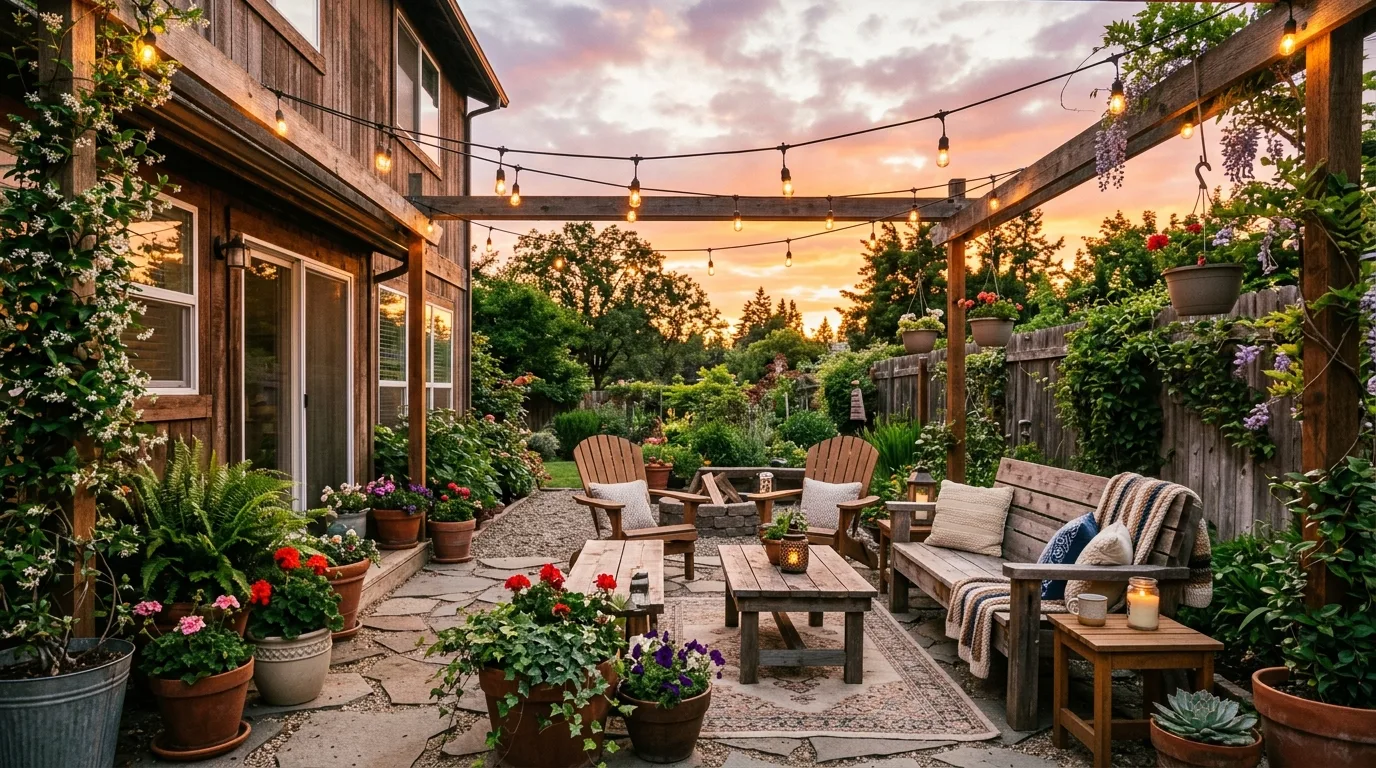 DIY outdoor patio decor with string lights and potted plants