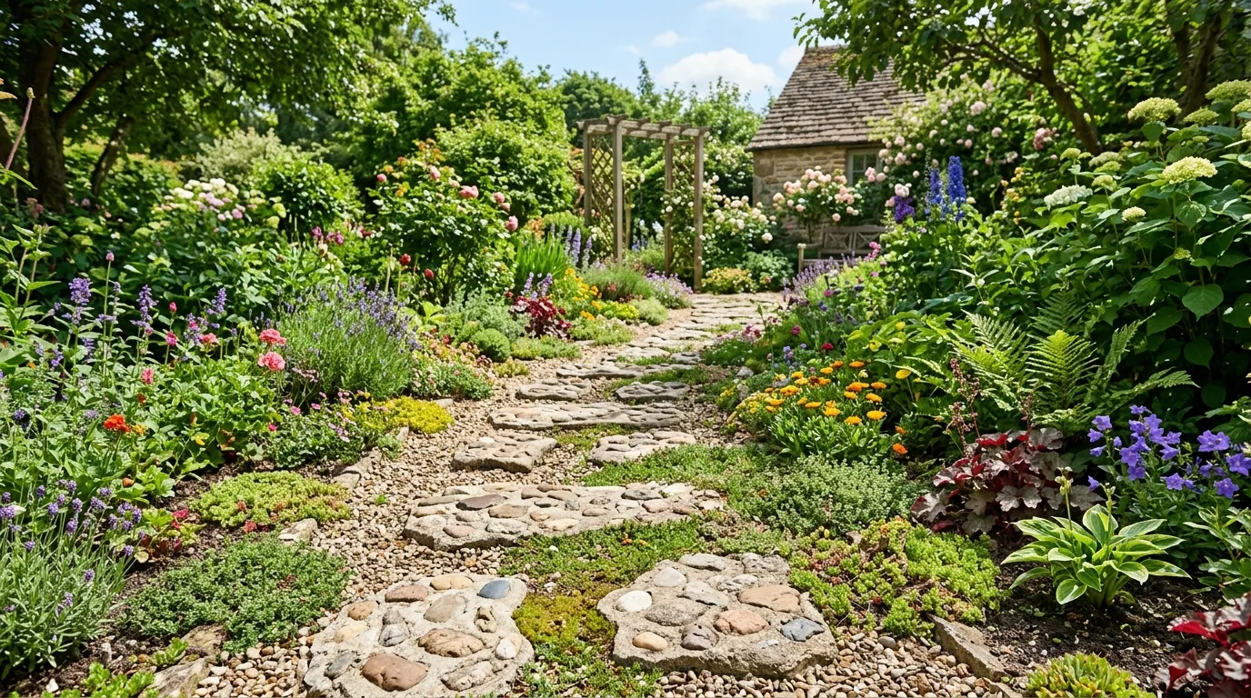 Garden pathway with DIY stepping stones and plants