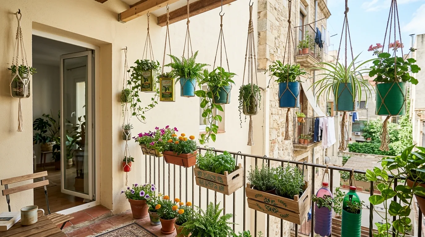 DIY hanging planters on a balcony