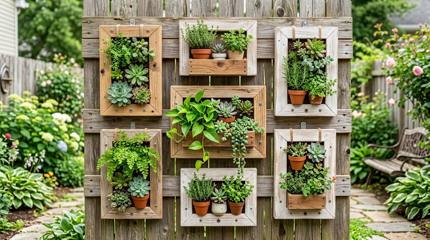 DIY outdoor wall decor with wooden frames and plants