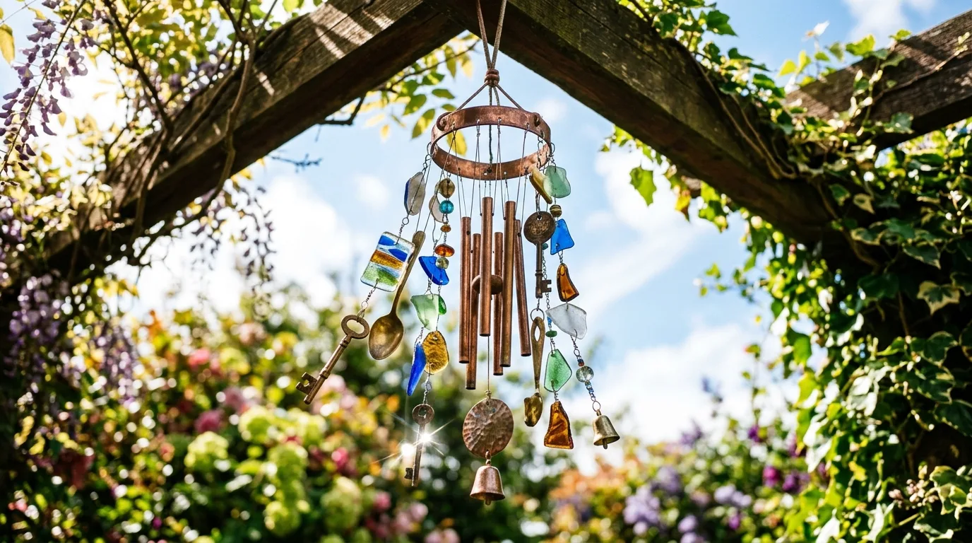 DIY wind chime hanging in a garden